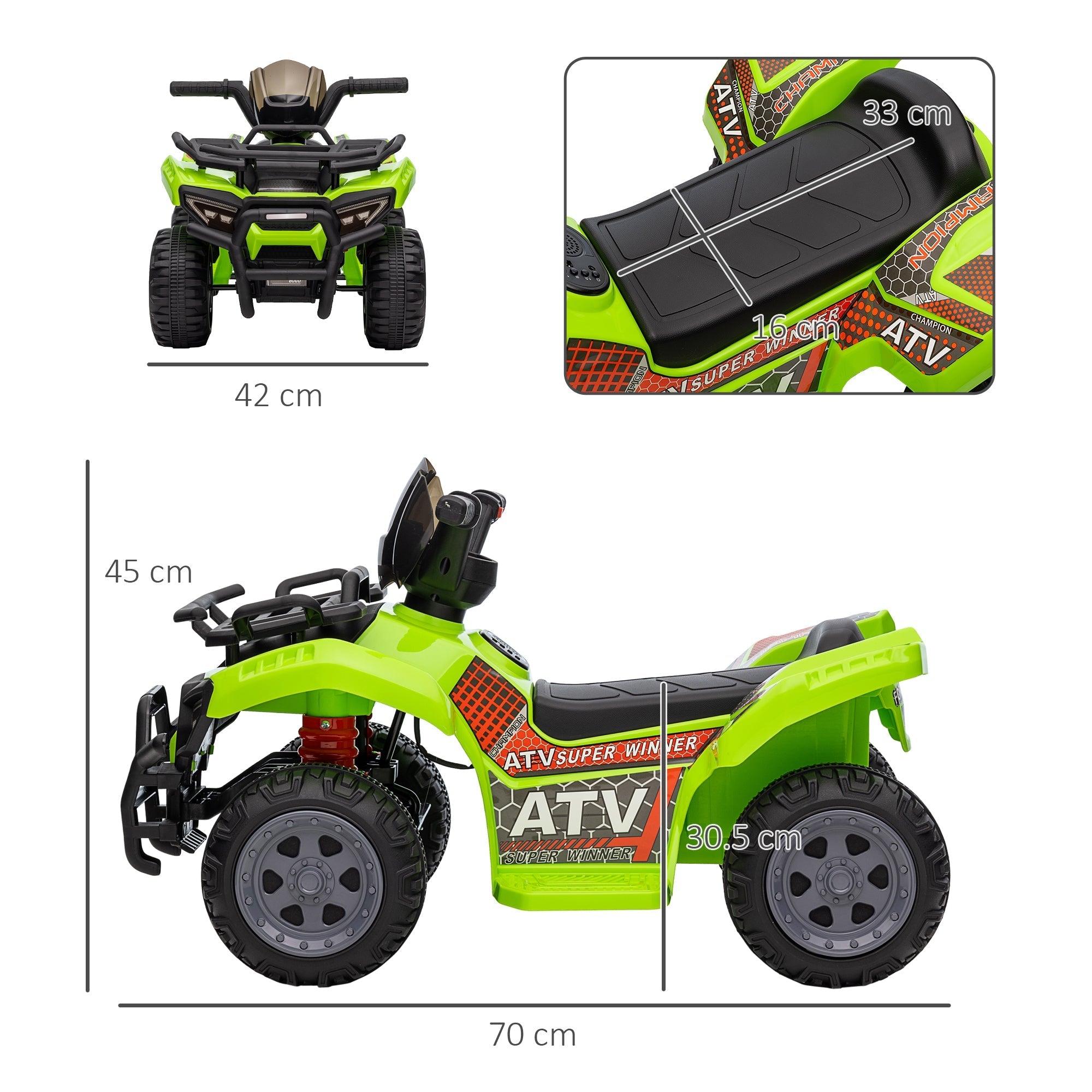 Bright lime green and black homcom 6v kids quad bike with rugged tires large seat and smooth ride for toddlers