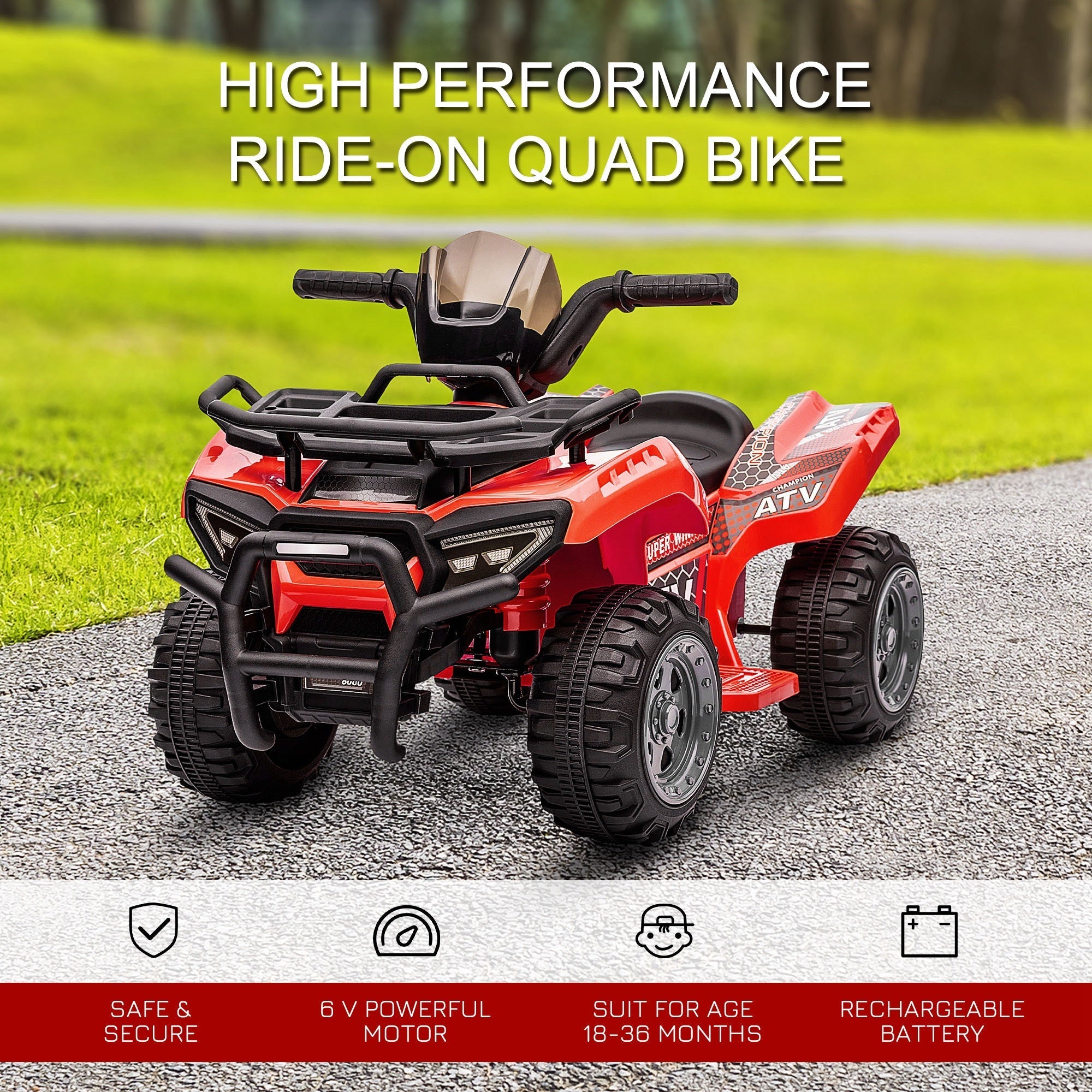Red and black homcom 6v kids electric quad bike with rugged tires large seat and smooth ride for toddlers 18-36 months