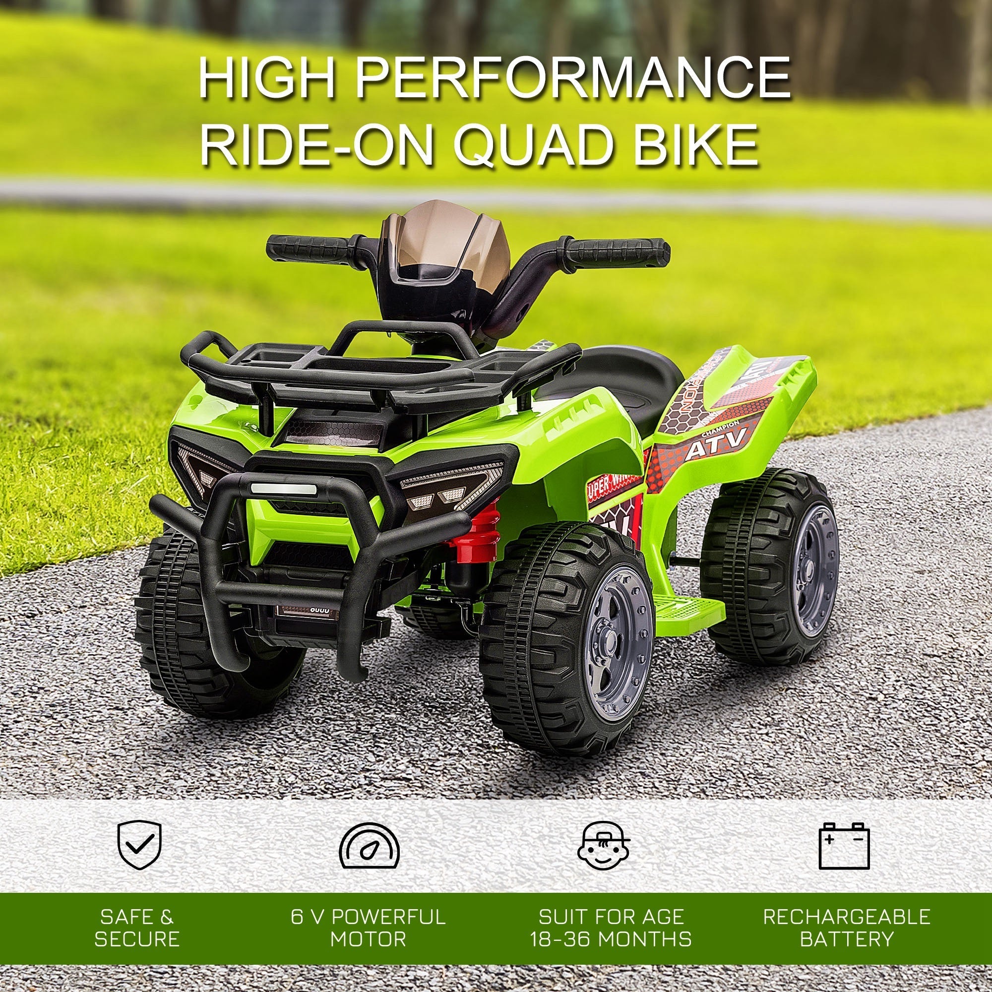 Bright green and black homcom 6v kids electric quad bike with rugged tires large seat and smooth ride for toddlers