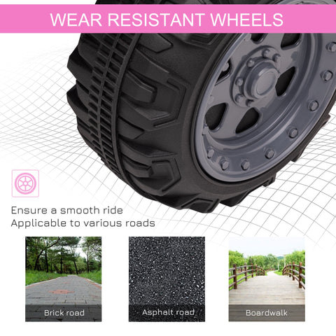 Black rubber tire with rugged tread on dark gray multi-spoke rim for homcom pink quad bike smooth ride and large seat