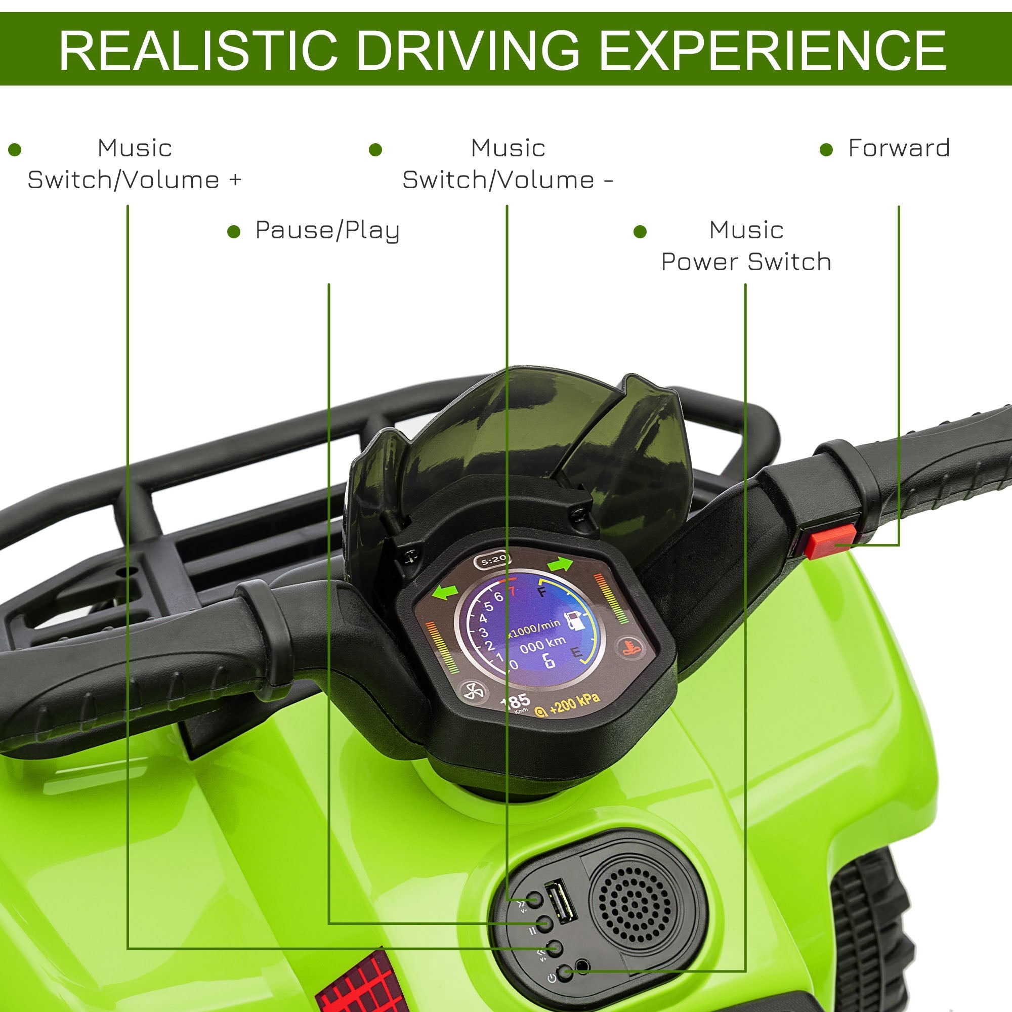 Bright green homcom 6v kids electric quad bike with digital dashboard black handlebars large seat for smooth ride