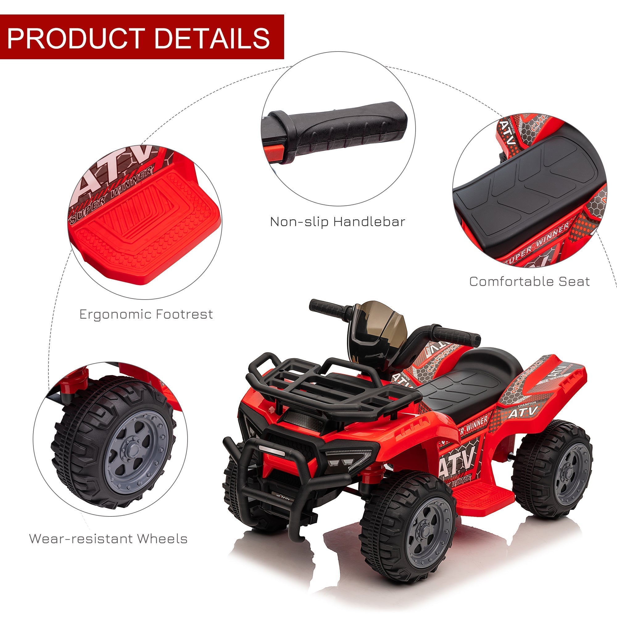 Red homcom kids electric quad bike with rugged tires large seat textured grips and durable plastic body for smooth ride