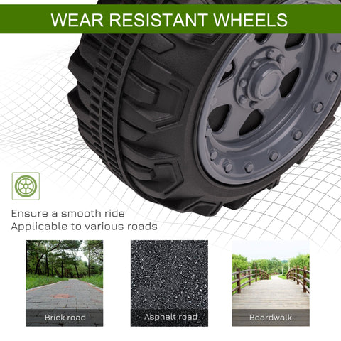 Black rubber tire with rugged tread on dark gray alloy rim for homcom 6v kids green quad bike with smooth ride and large seat