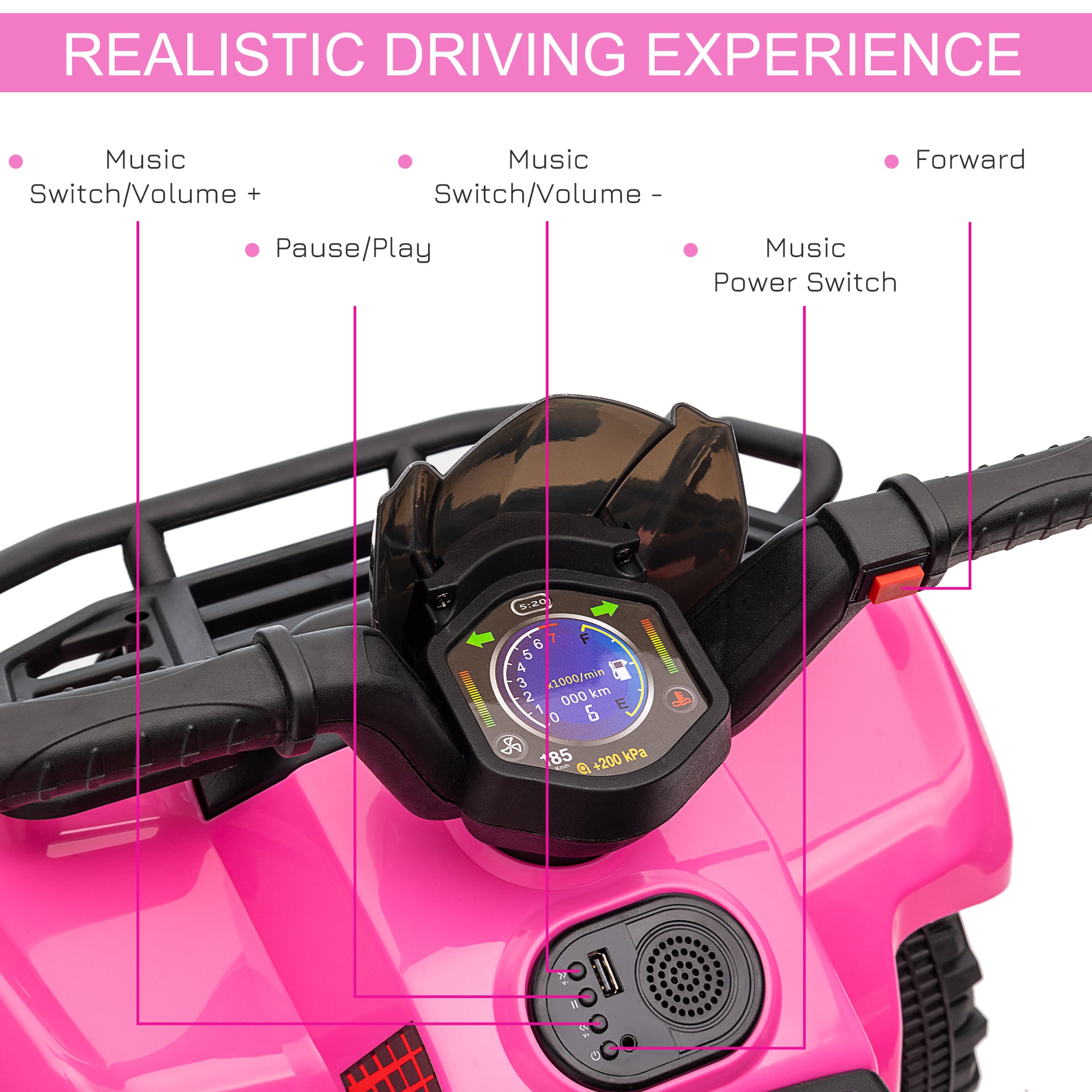 Pink homcom 6v kids electric quad bike with smooth ride, large seat, black digital dashboard, and music for toddlers