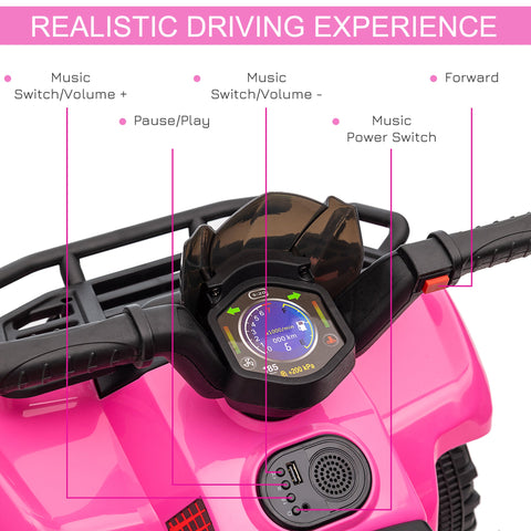 Pink homcom 6v kids electric quad bike with smooth ride, large seat, black digital dashboard, and music for toddlers