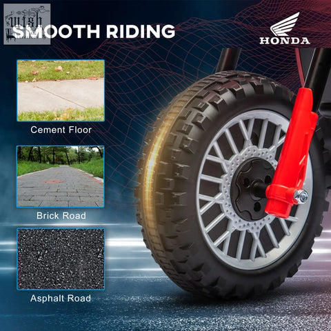 Black rubber tire with deep treads on a silver alloy rim red front fork honda logo on a homcom kids electric ride-on motorcycle with start-up sounds