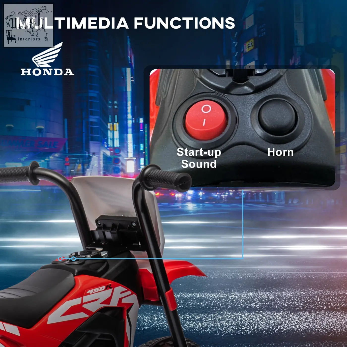 Red and black honda cbr 450 kids electric ride-on motorcycle with red start button and start-up sounds for toddlers