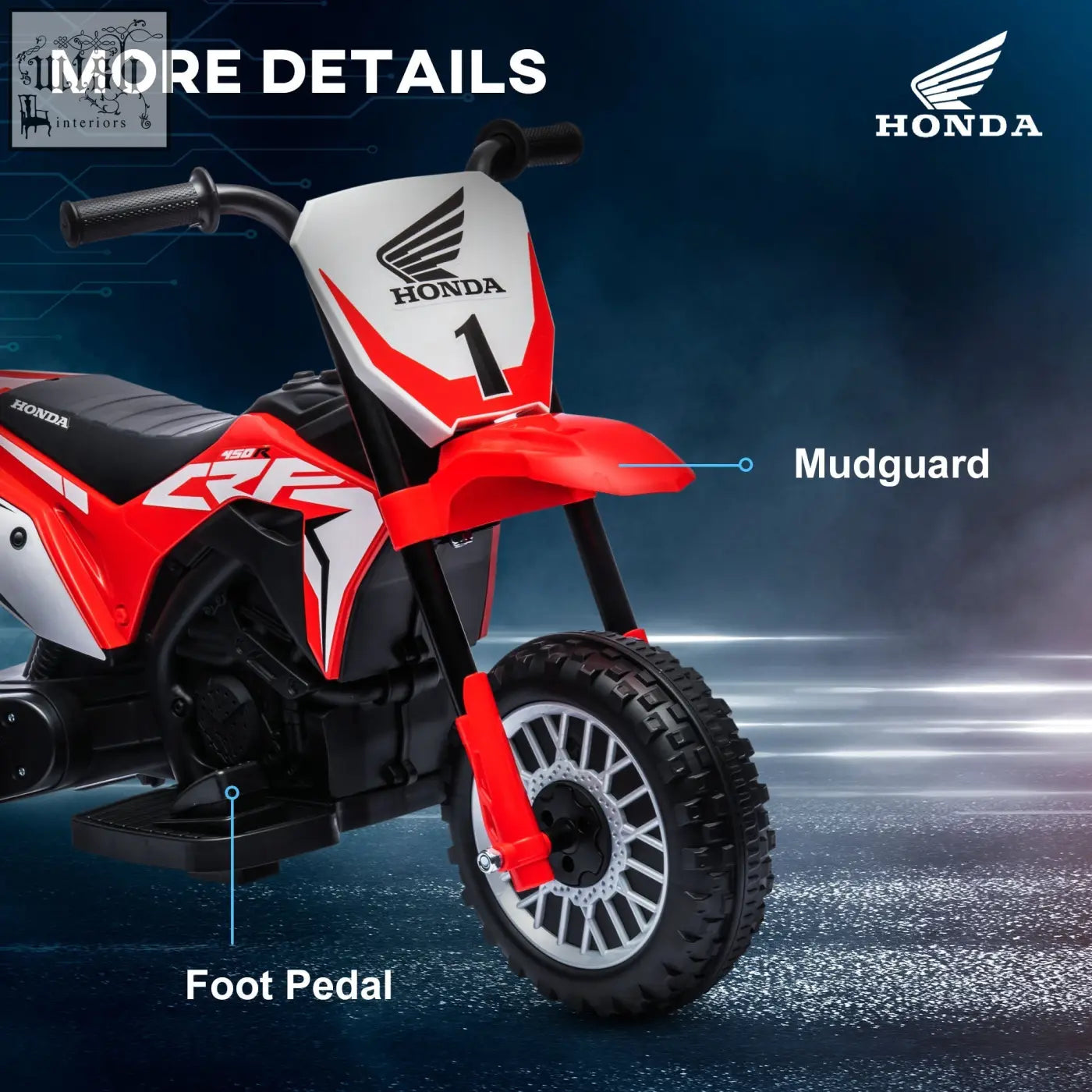 Red white honda crf150r-themed kids electric dirt bike with start-up sounds ride-on motorcycle for toddlers