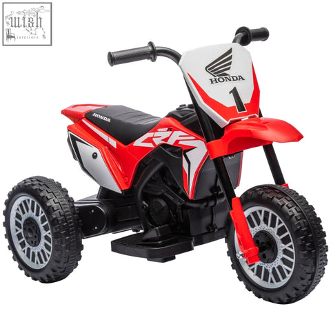 Red and black honda crf kids electric dirt bike with white accents featuring start-up sounds for ages 18-36 months