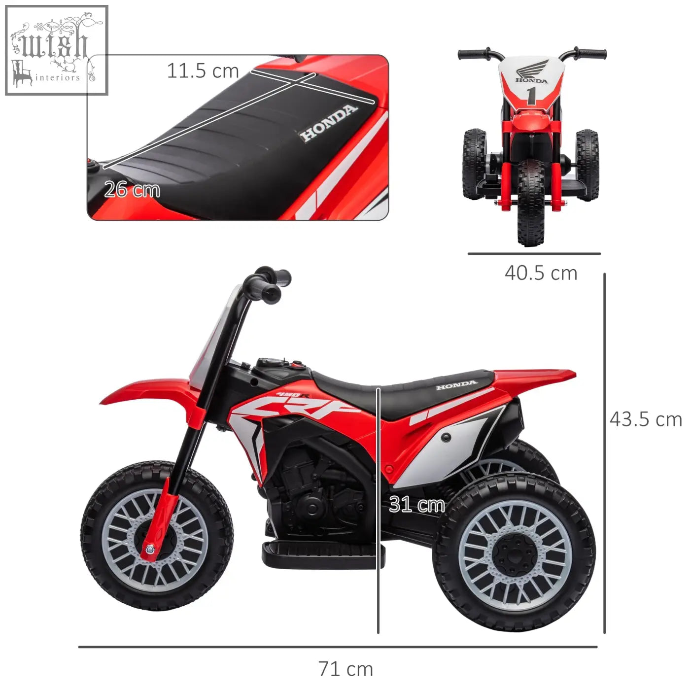 Red and black honda crf kids electric trike ride-on motorcycle with start-up sounds and horn for toddlers 18-36 months