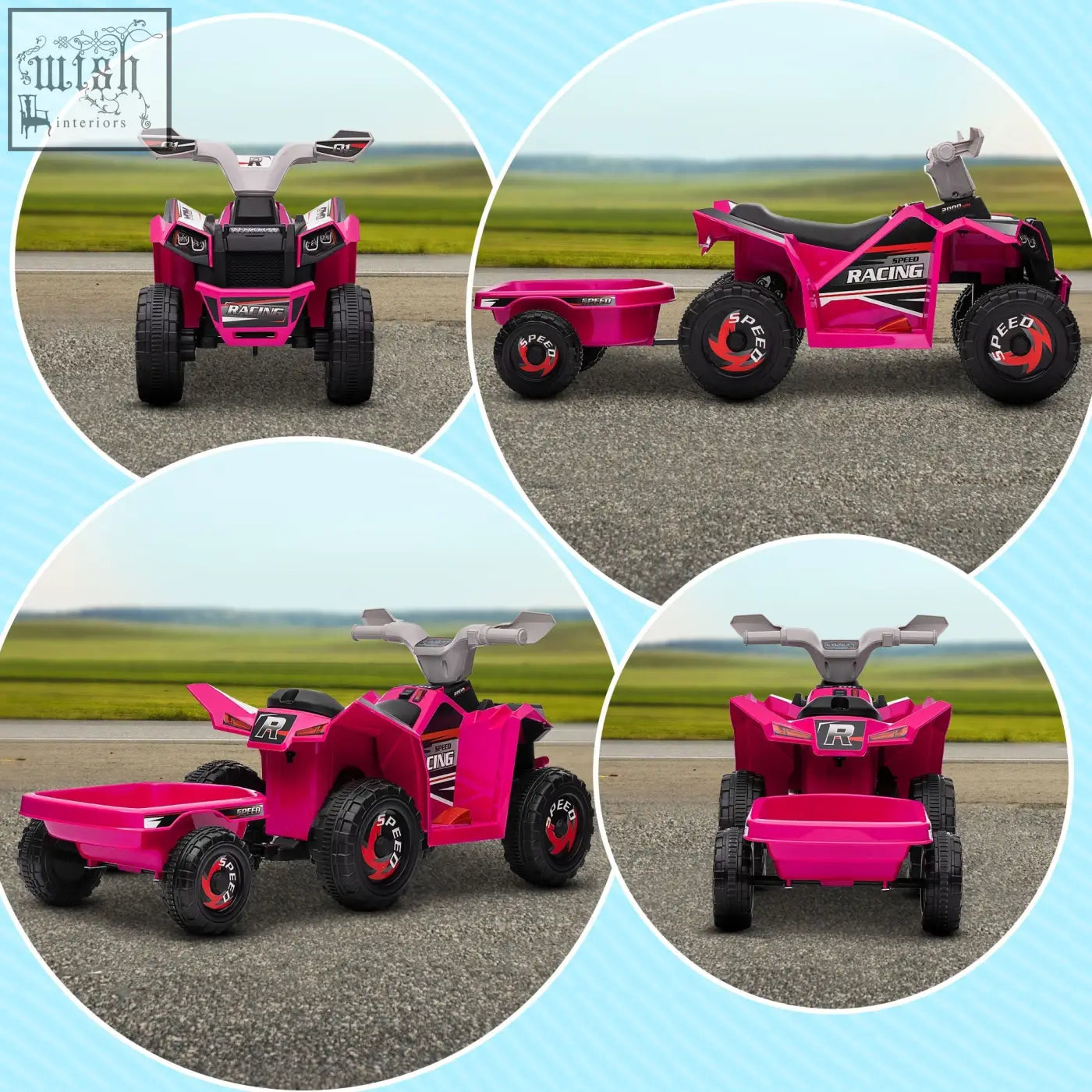 Bright pink homcom 6v quad bike with wear resistant wheels racing decals and back trailer for toddlers maximum load included