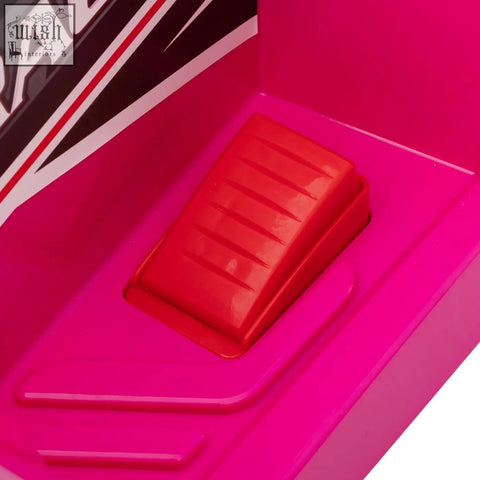 Vibrant red plastic foot pedal with textured ridges inside bright pink homcom 6v quad bike with wear resistant wheels