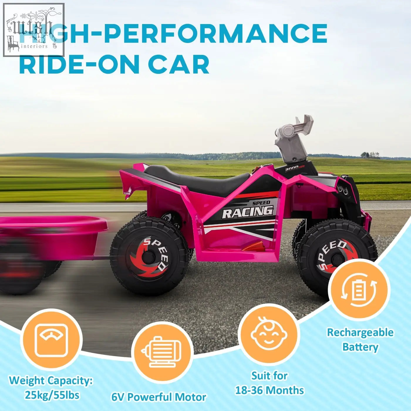 Pink and black homcom 6v quad bike with back trailer featuring wear resistant wheels and rugged tires for maximum load