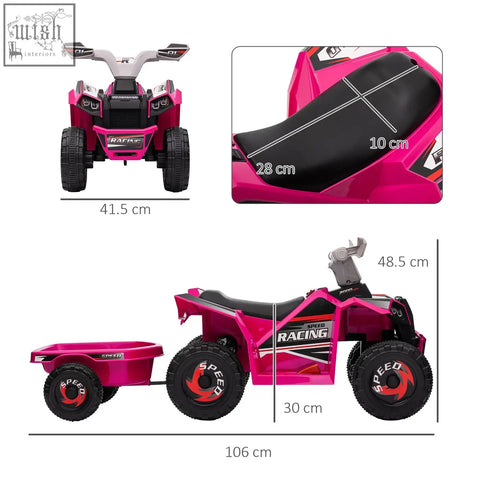 Vibrant pink homcom 6v quad bike with speed racing branding, wear resistant wheels, rugged tires, and matching back trailer