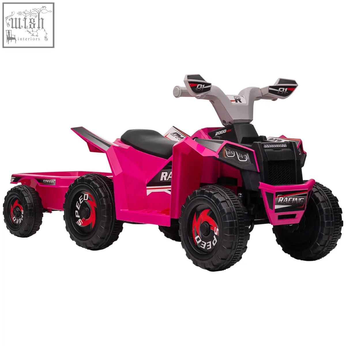 Vibrant pink homcom 6v quad bike with matching trailer and wear resistant wheels for toddlers 18-36 months