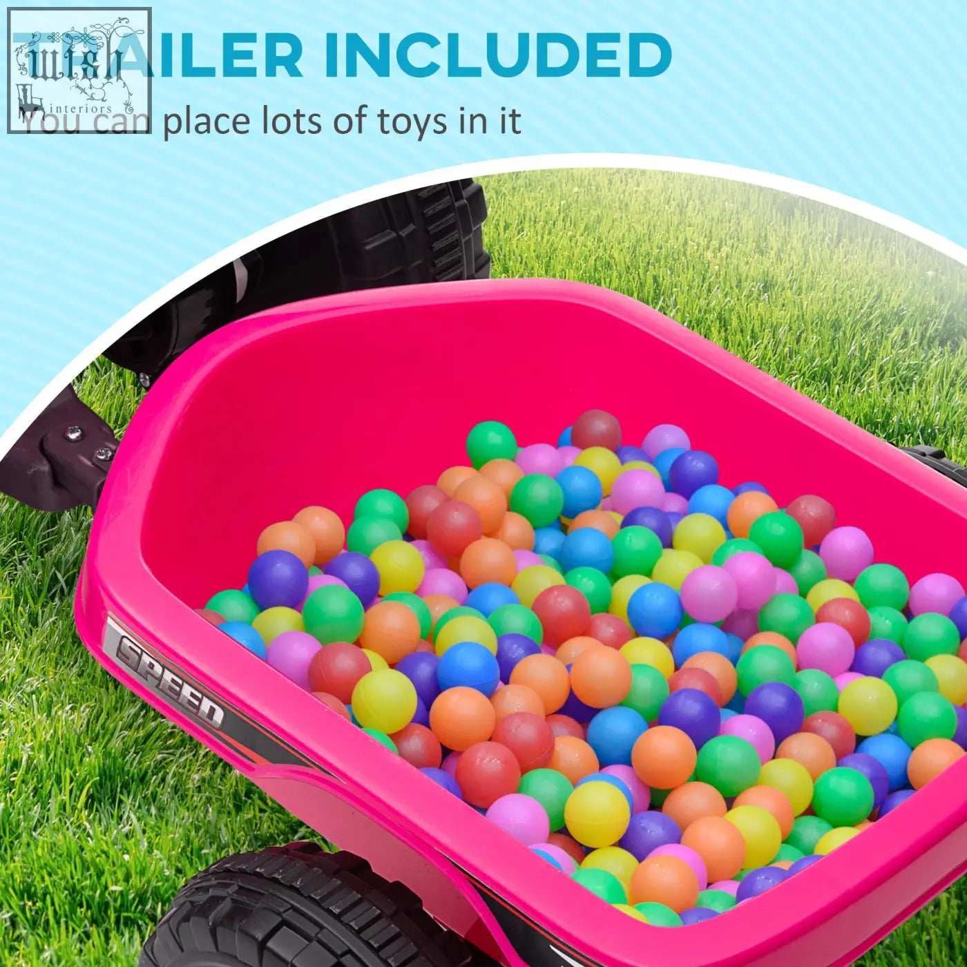 Bright pink homcom 6v quad bike back trailer filled with colorful balls and wear resistant wheels for ages 18-36 months