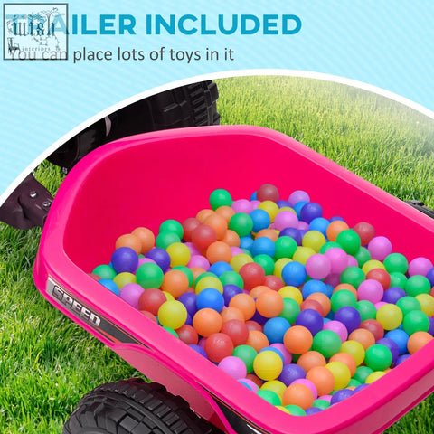 Bright pink homcom 6v quad bike back trailer filled with colorful balls and wear resistant wheels for ages 18-36 months