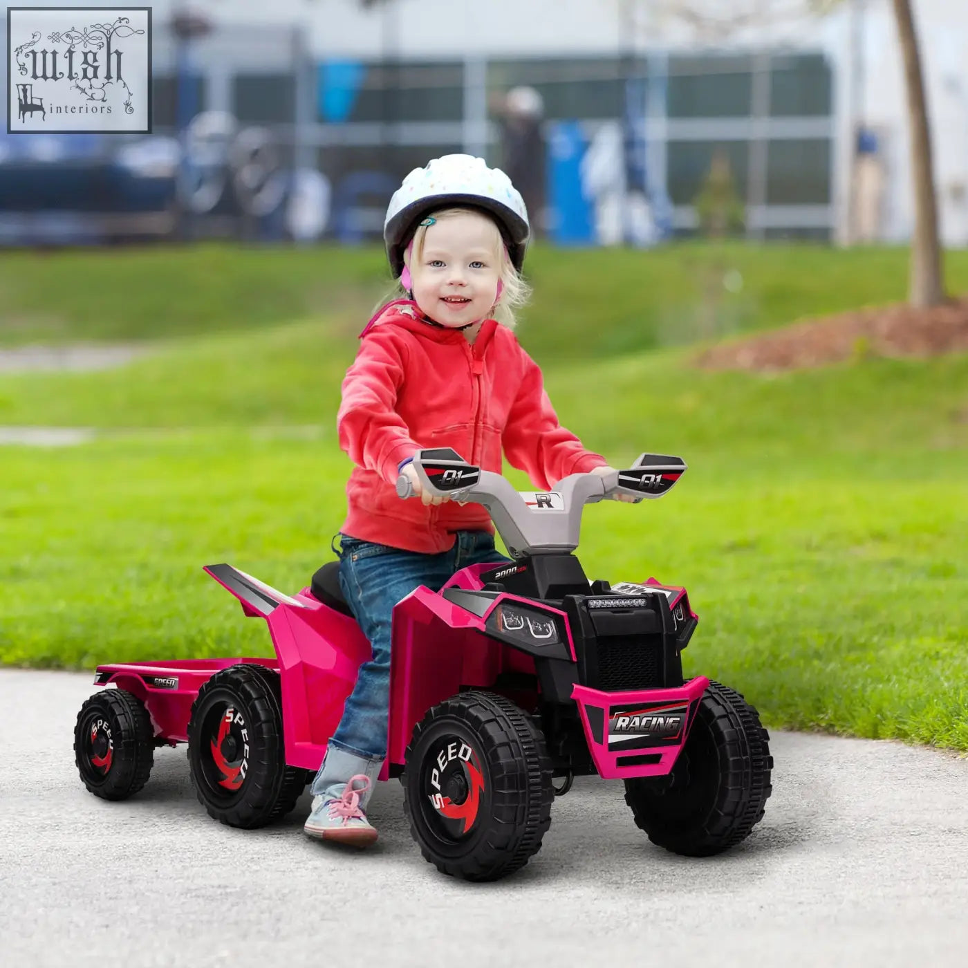 Pink and black HOMCOM 6v quad bike for kids with wear resistant wheels and back trailer holds max load for ages 18 to 36 months