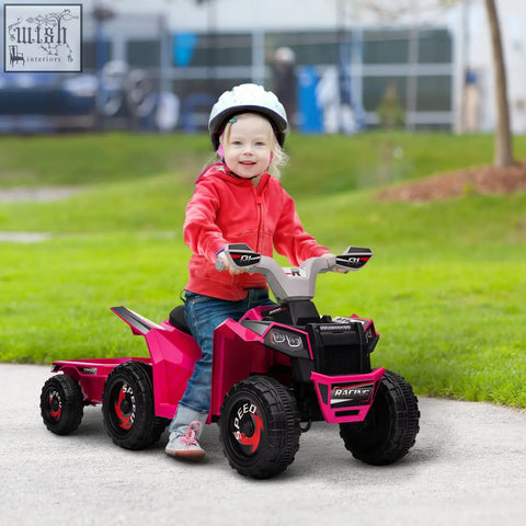 Pink and black HOMCOM 6v quad bike for kids with wear resistant wheels and back trailer holds max load for ages 18 to 36 months
