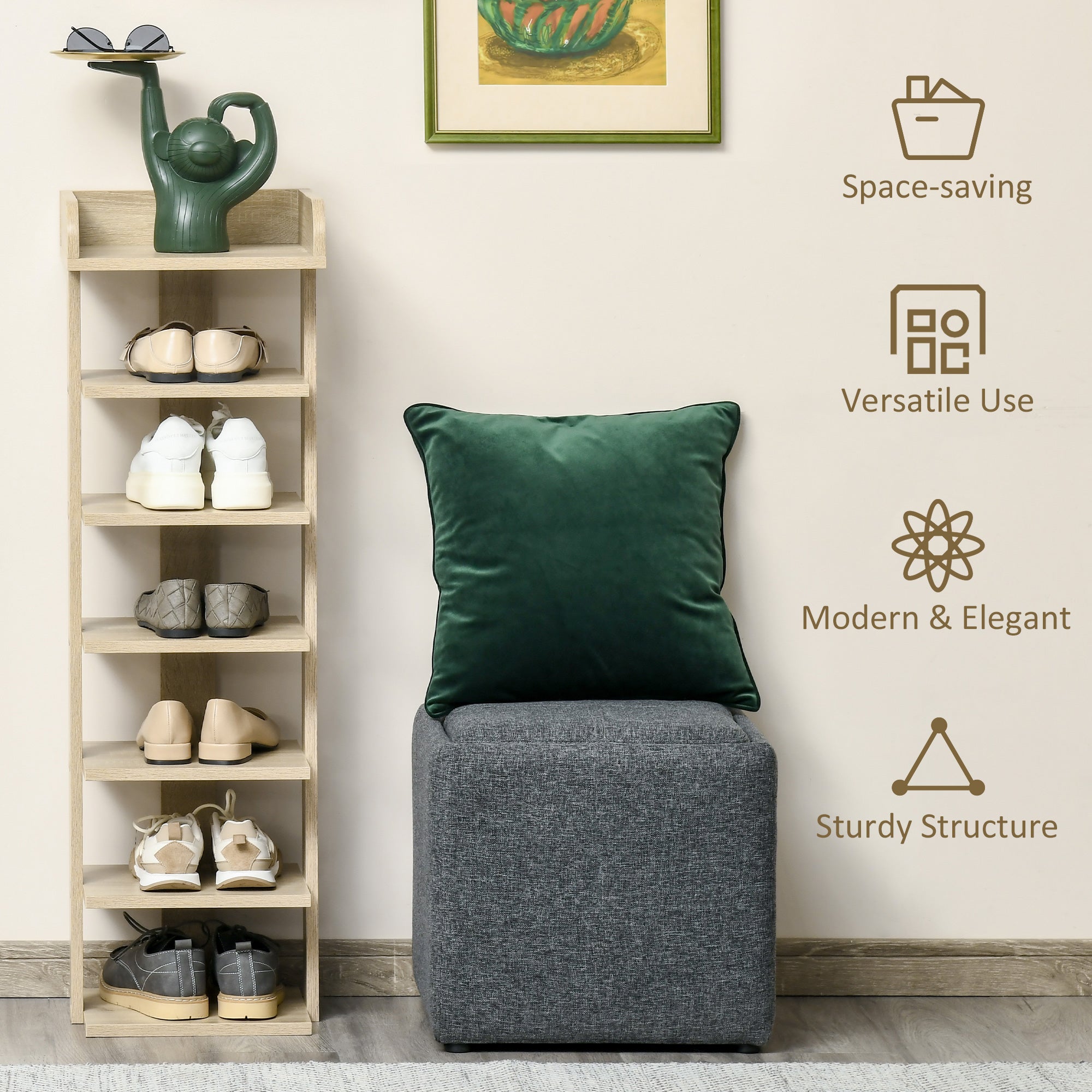 Dark green velvet cushion on gray ottoman next to oak homcom 7 tier shoe rack 32l x 30w for living room storage