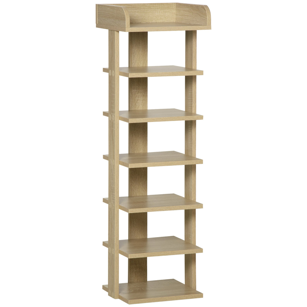 Light oak finished wooden shoe rack with six shelves and curved top for living room 32l x 30w storage organizer