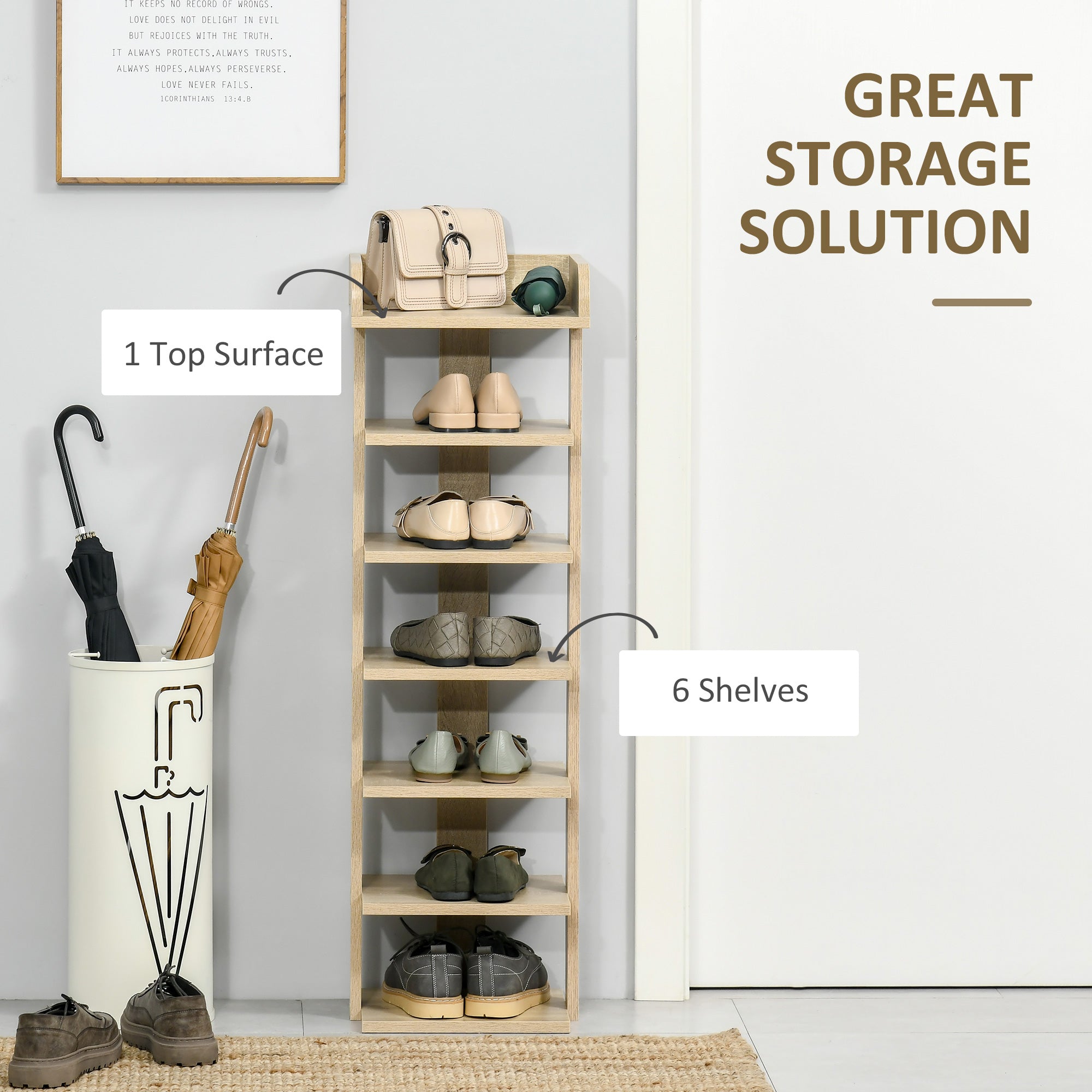 HOMCOM 7 tier light wood shoe rack with six shelves and top surface for living room storage 32l x 30w oak finish