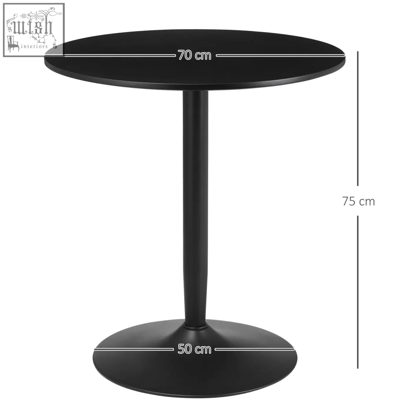 Black round table with 70 cm top, 75 cm height, powder coated steel frame for two-person dining