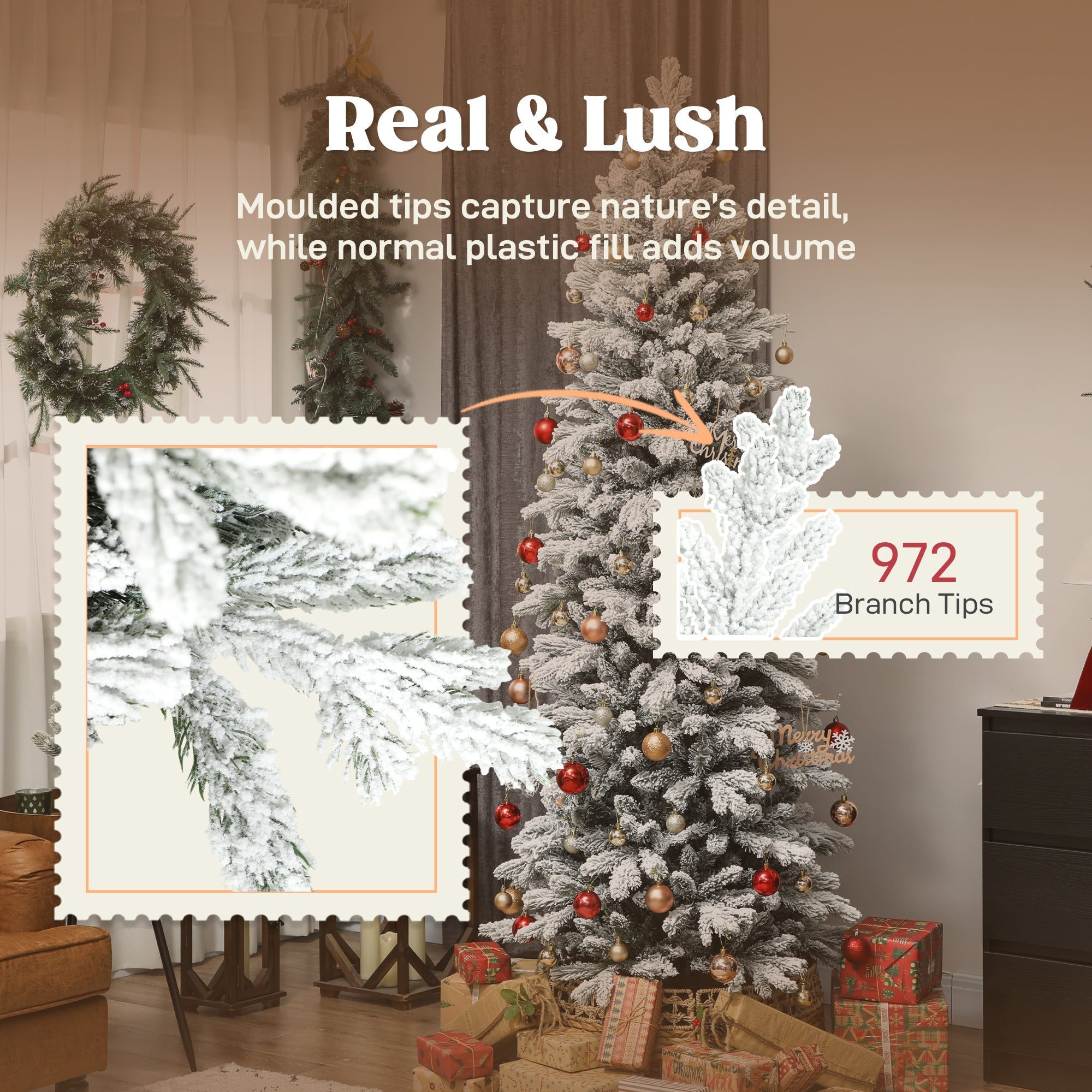 Homcom 7ft flocked artificial christmas tree with 972 molded branch tips and red and gold ornaments to mimic real branches