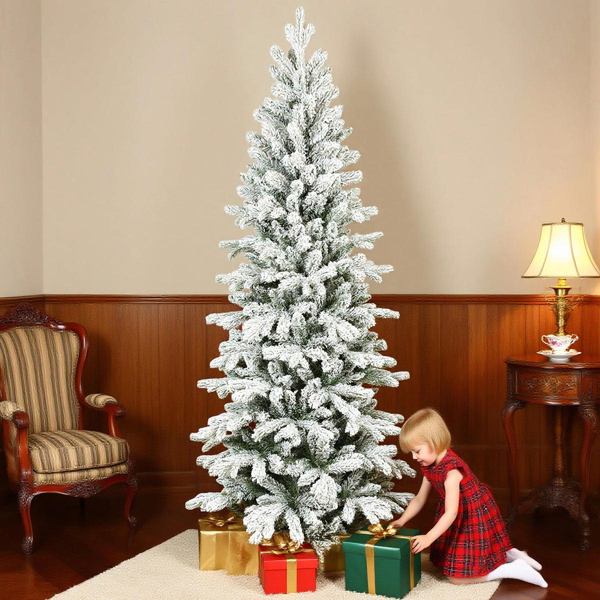 Homcom 7ft flocked artificial christmas tree with dense snow-dusted branches that mimic real branches and a classic shape