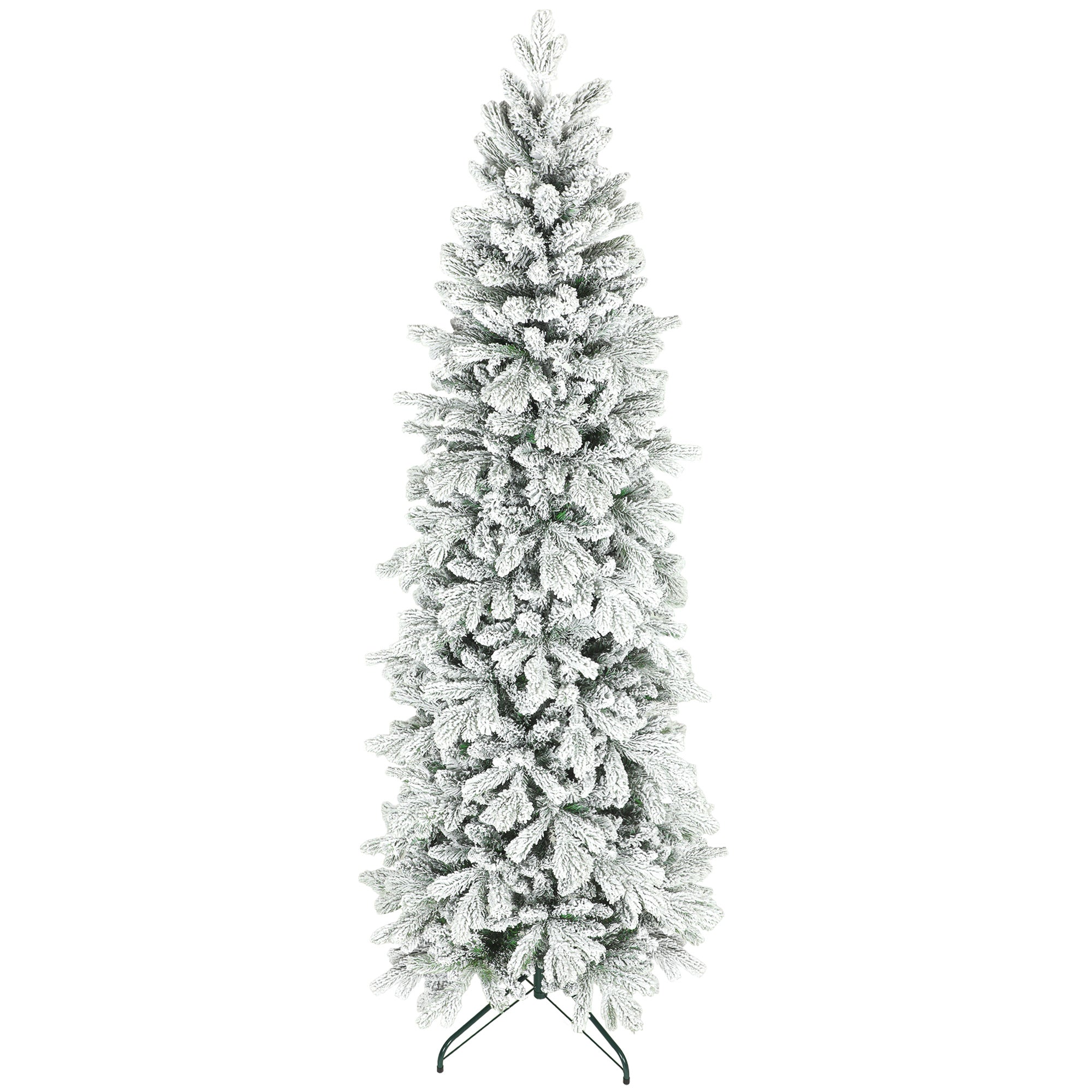 Homcom 7ft flocked artificial christmas tree with frost-covered branches that mimic real branches and black metal stand