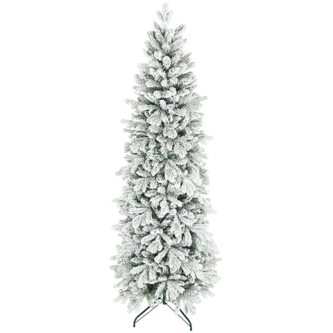 Homcom 7ft flocked artificial christmas tree with frost-covered branches that mimic real branches and black metal stand