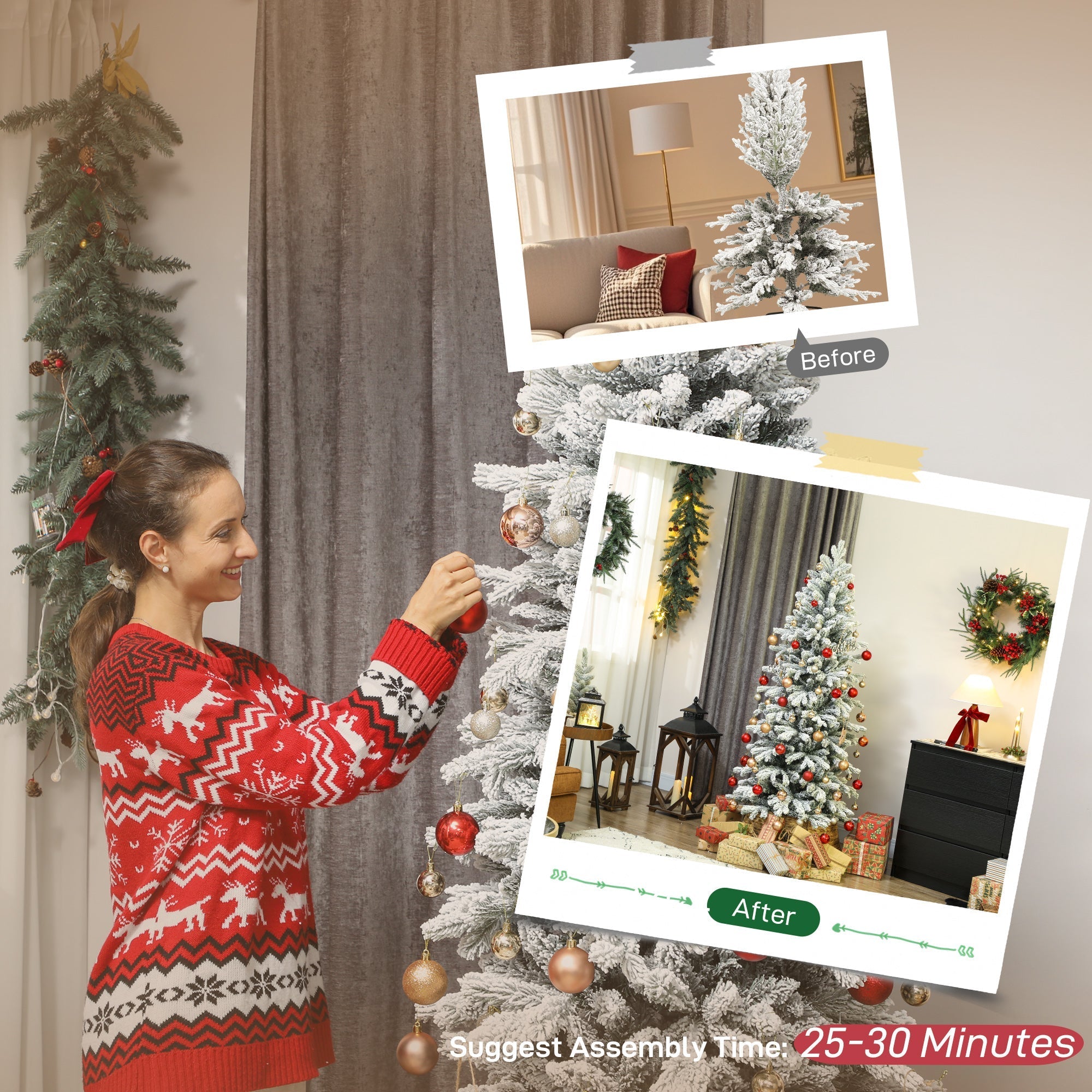 Homcom 7ft flocked artificial christmas tree with white branches and red and gold ornaments to mimic real branches