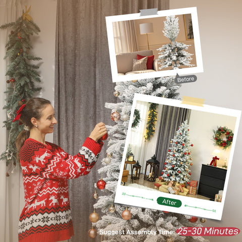 Homcom 7ft flocked artificial christmas tree with white branches and red and gold ornaments to mimic real branches