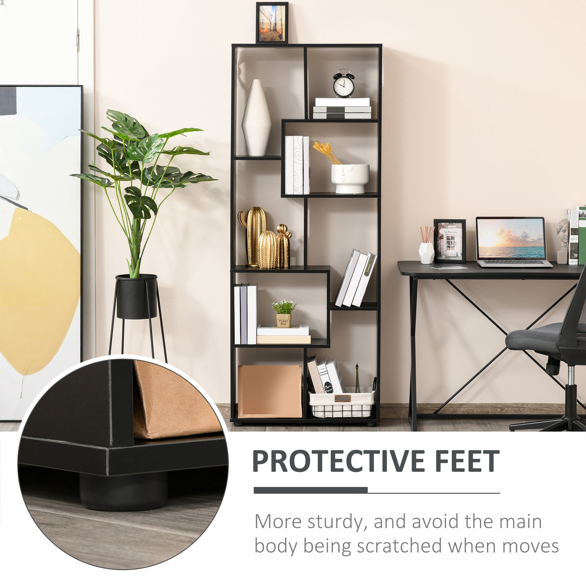 HOMCOM 8-Tier Freestanding Bookcase w/ Melamine Surface Anti-Tipping Foot Pads Home Display Storage Grid Stand Bedroom Living Room Furniture Modern Style - Black