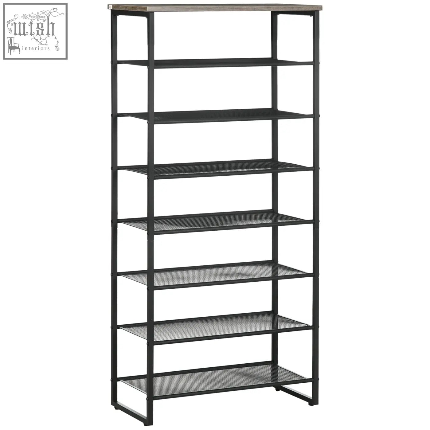 Black metal shelving unit with gray wood top and mesh shelves features a narrow seven-tier design for shoe storage
