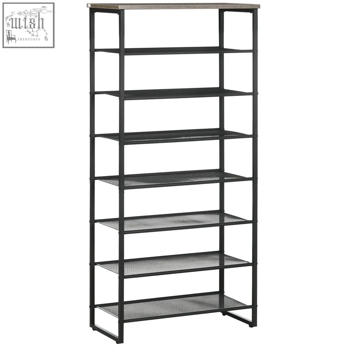 Black metal shelving unit with gray wood top and mesh shelves features a narrow seven-tier design for shoe storage