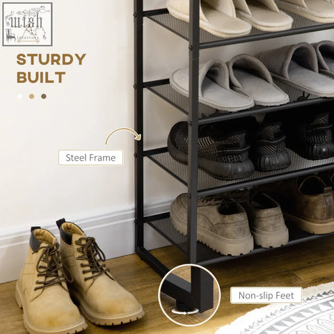 Black steel framed homcom 8 tier shoe rack with mesh shelves and non slip feet in a narrow design for entryways