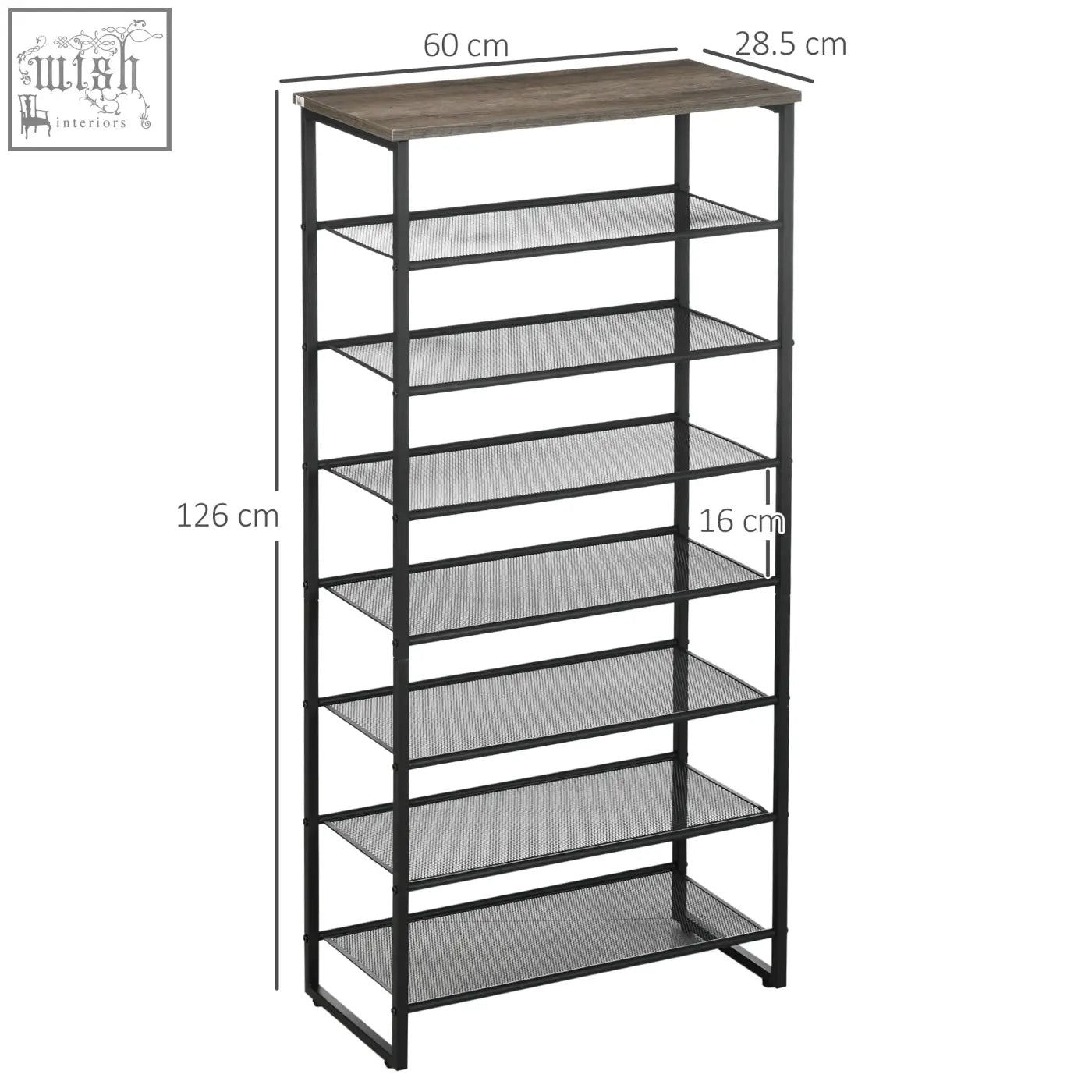 Black metal shoe rack with gray wood-grain top and mesh shelves featuring anti-tipping straps included and narrow design