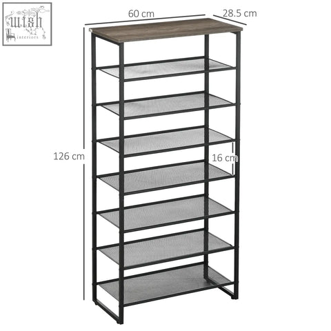 Black metal shoe rack with gray wood-grain top and mesh shelves featuring anti-tipping straps included and narrow design