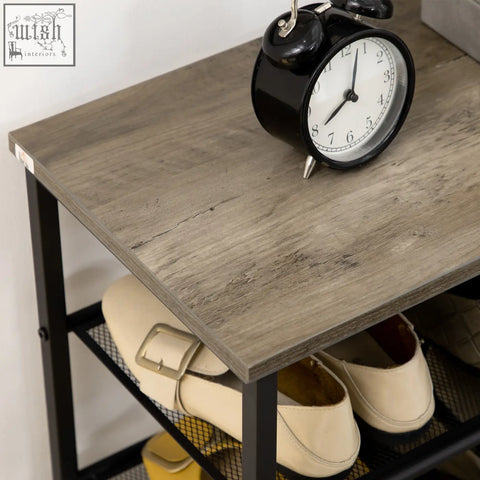 Black vintage-style alarm clock with white face and black numerals shown with homcom shoe rack featuring seven-tier design and anti-tipping straps included
