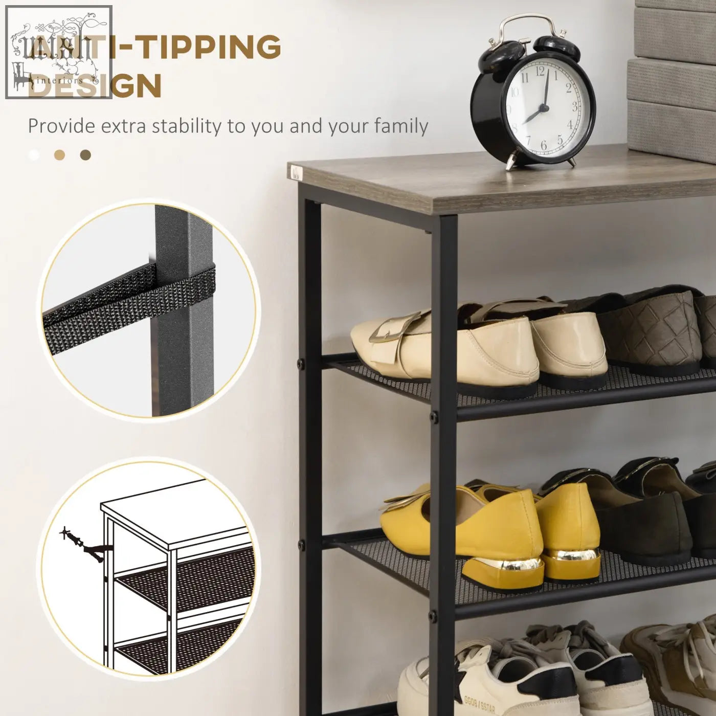Black metal shoe rack with mesh shelves and anti-tipping straps included in a narrow design for hallway storage