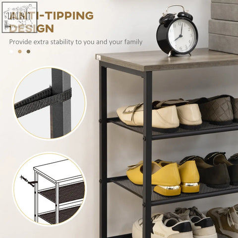 Black metal shoe rack with mesh shelves and anti-tipping straps included in a narrow design for hallway storage