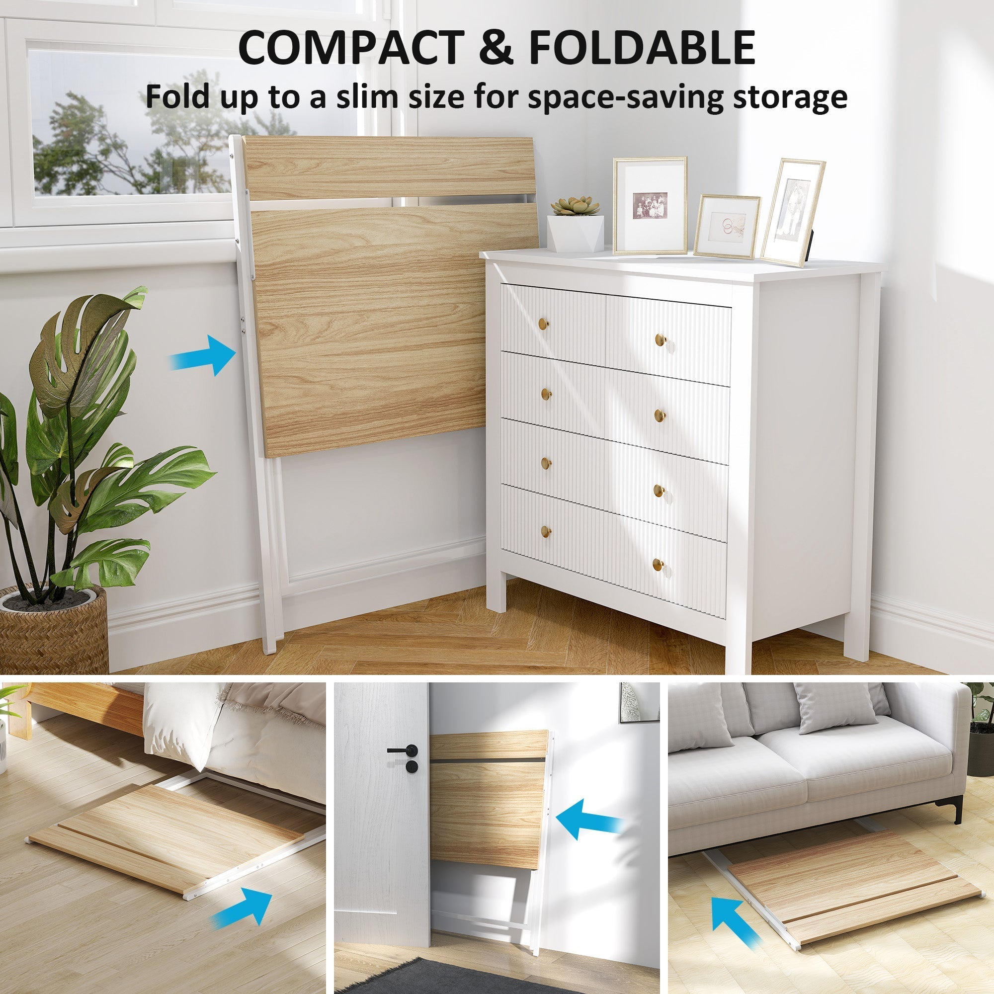 Compact foldable computer desk by HOMCOM with natural wood finish, white metal frame, and shelf doubles as monitor stand