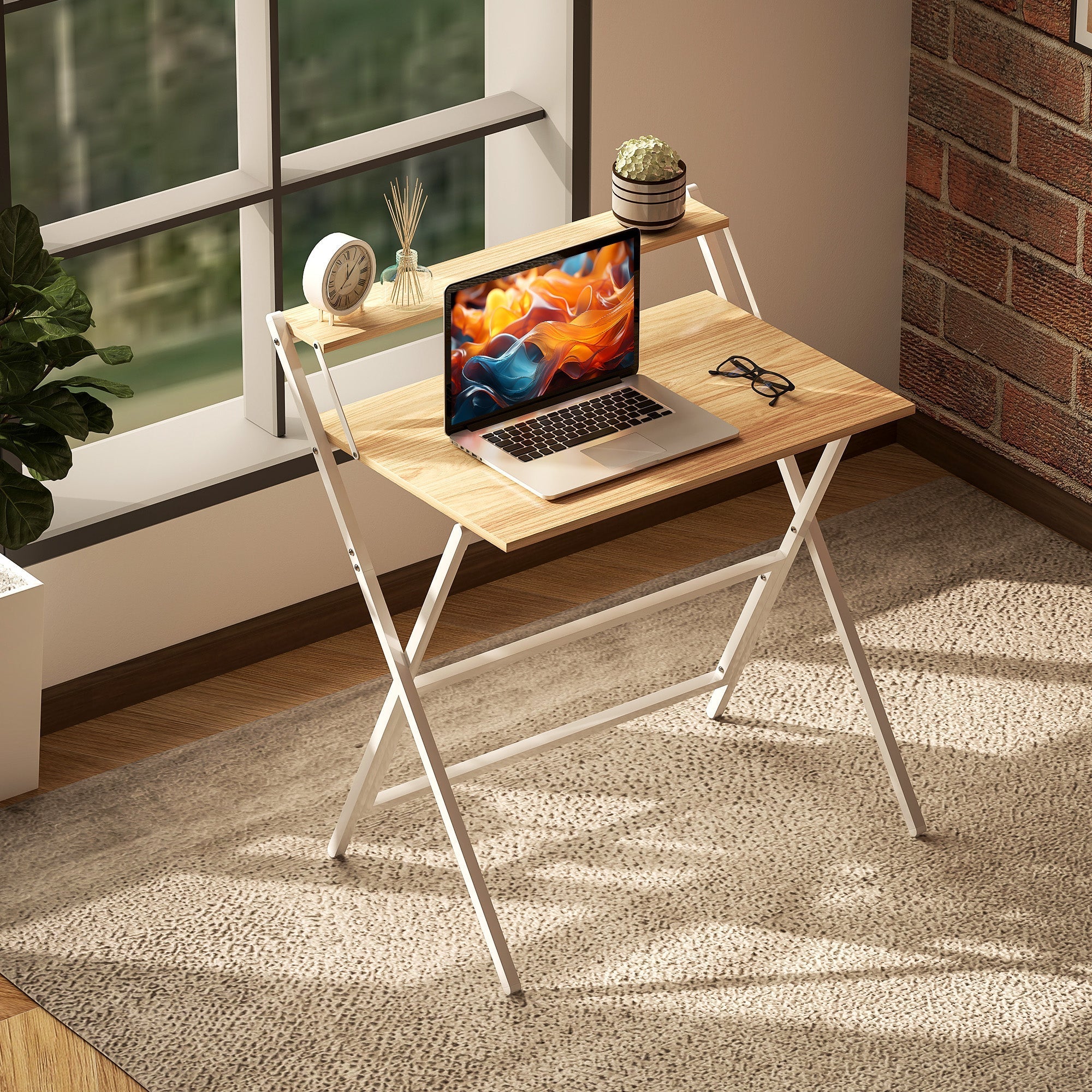 Homcom folding computer desk with natural wood finish white metal legs and a shelf that doubles as a monitor stand