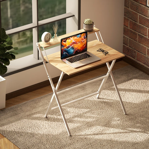 Homcom folding computer desk with natural wood finish white metal legs and a shelf that doubles as a monitor stand