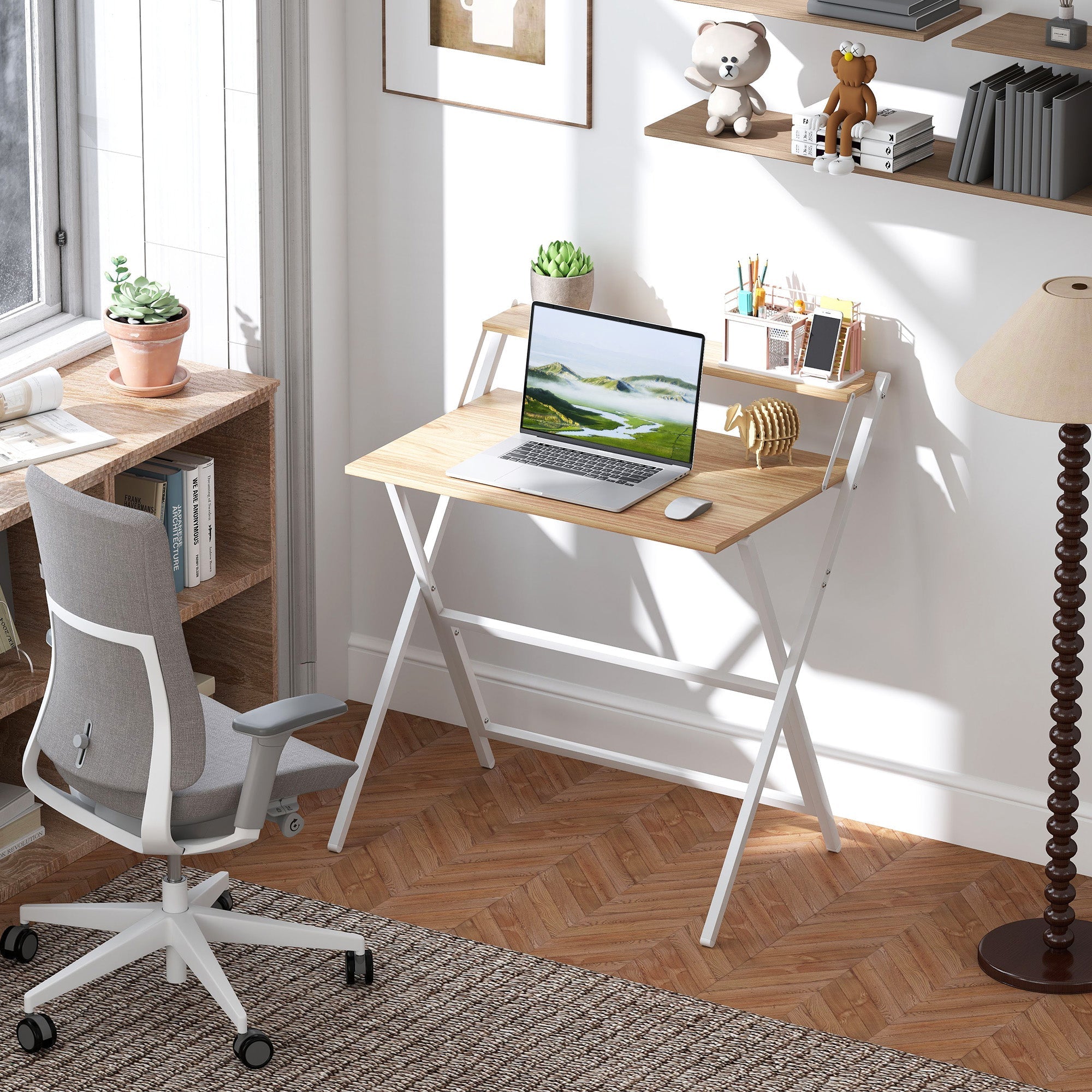 Homcom folding computer desk with natural wood finish and white metal legs features a shelf that doubles as a monitor stand