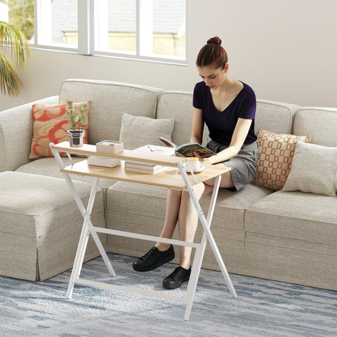 White foldable computer desk with natural wood finish and shelf doubles as a monitor stand by HOMCOM