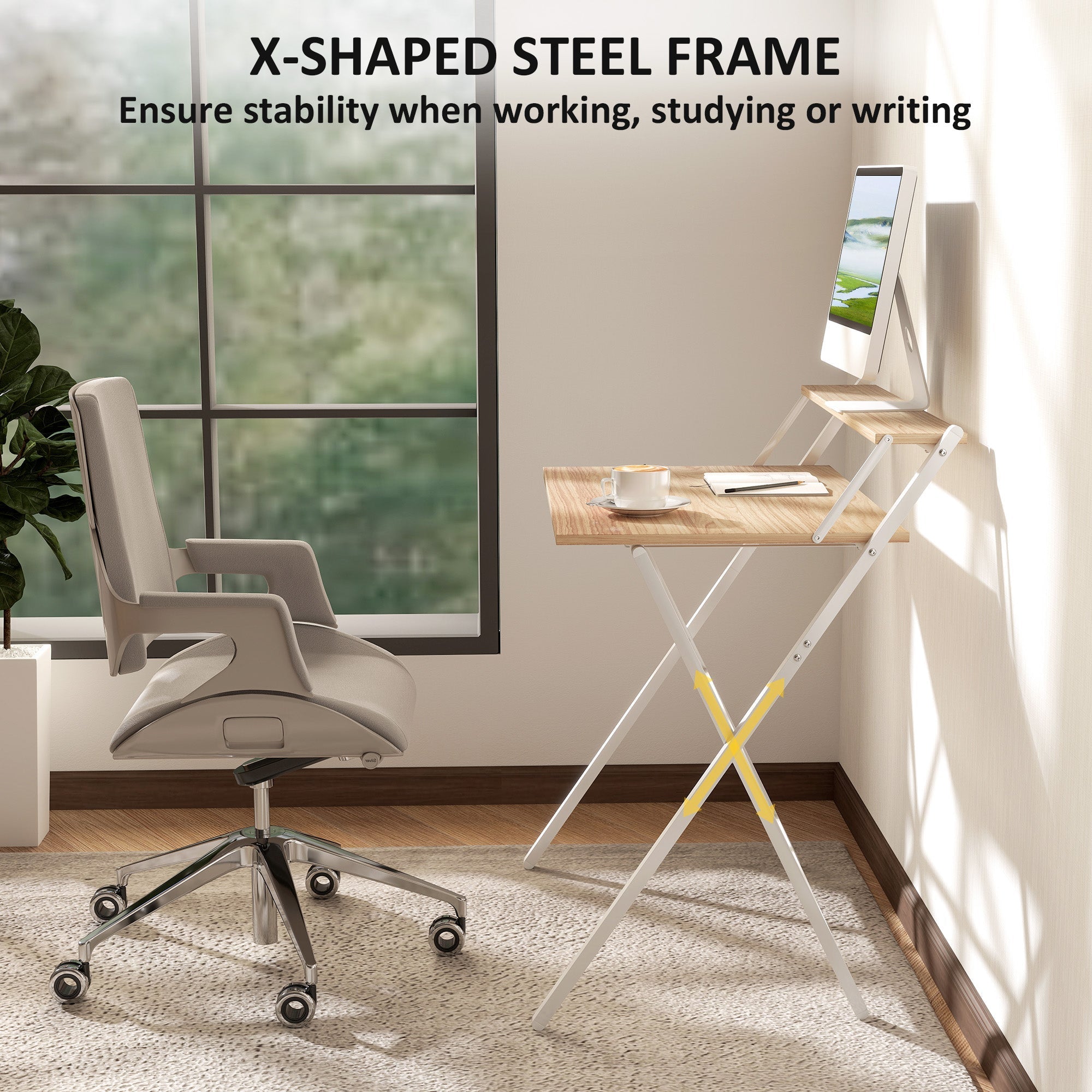 Homcom folding computer desk with white and yellow steel frame and natural wood finish top with shelf doubles as monitor stand