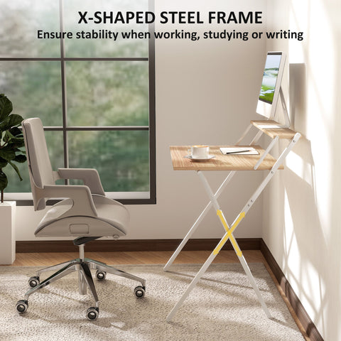 Homcom folding computer desk with white and yellow steel frame and natural wood finish top with shelf doubles as monitor stand