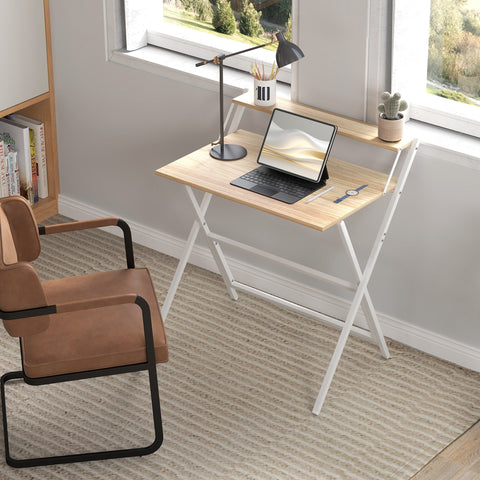 Homcom foldable computer desk with natural wood finish and white metal legs shelf doubles as a monitor stand
